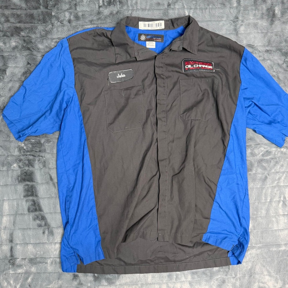 UniFirst UniWeave Mens Mechanic Work Shirt 18.5 Grey Blue Express Oil Change